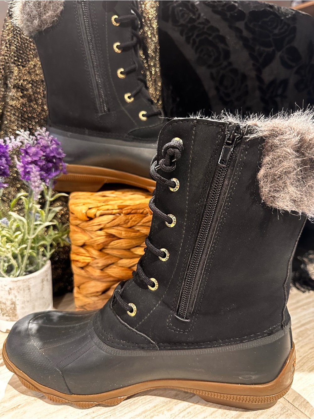 Sperry Black Faux-Fur Trim Lace-Up Winter Boot with Gold Eyelets